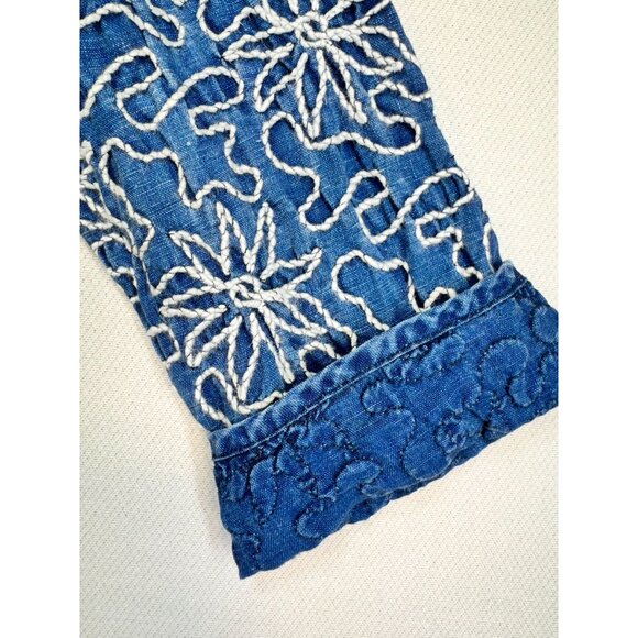 Chicos Embroidered Linen Jacket Size 1 Blue 100% Linen Floral Design - Picture 6 of 9